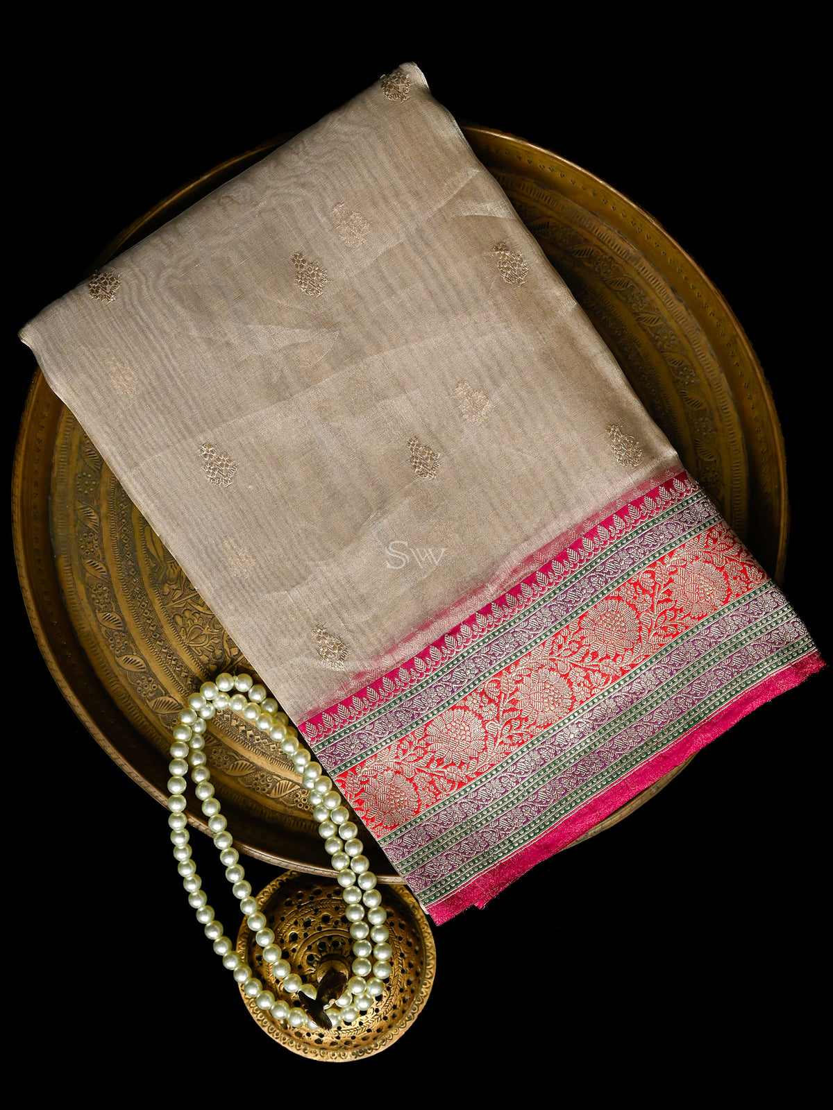 Beige Booti Organza Tissue Silk Handloom Banarasi Saree