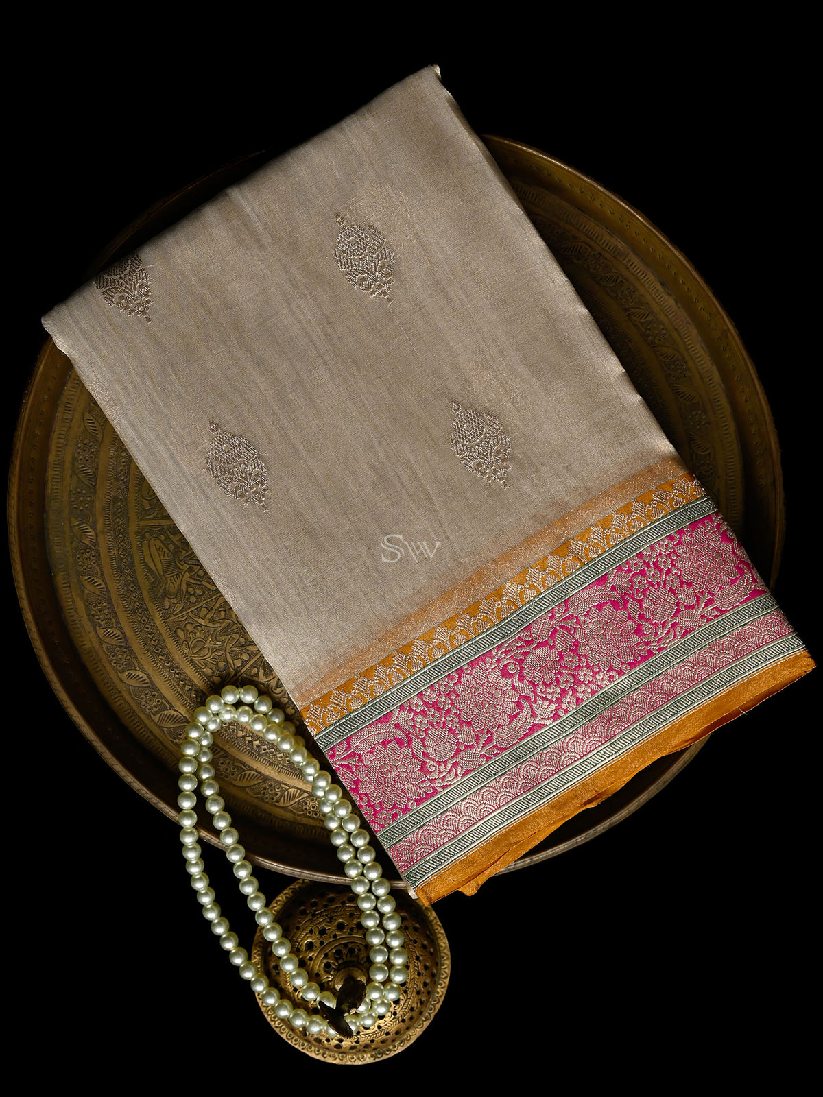 Beige Booti Organza Tissue Silk Handloom Banarasi Saree
