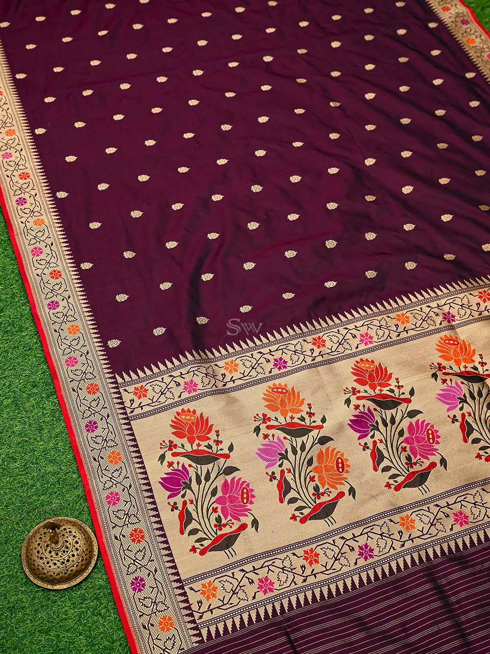 Wine Paithani Katan Silk Handloom Banarasi Saree - Sacred Weaves