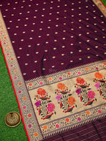 Wine Paithani Katan Silk Handloom Banarasi Saree - Sacred Weaves