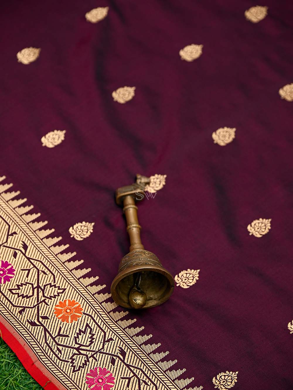 Wine Paithani Katan Silk Handloom Banarasi Saree - Sacred Weaves