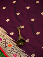 Wine Paithani Katan Silk Handloom Banarasi Saree - Sacred Weaves