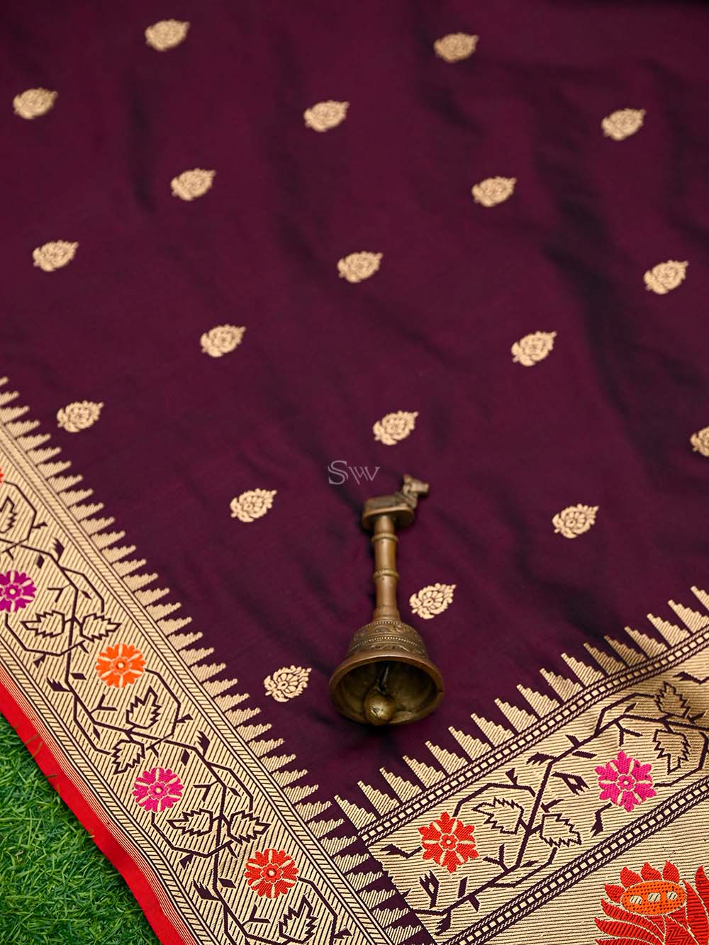Wine Paithani Katan Silk Handloom Banarasi Saree - Sacred Weaves