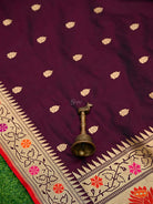 Wine Paithani Katan Silk Handloom Banarasi Saree - Sacred Weaves