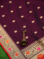 Wine Paithani Katan Silk Handloom Banarasi Saree - Sacred Weaves