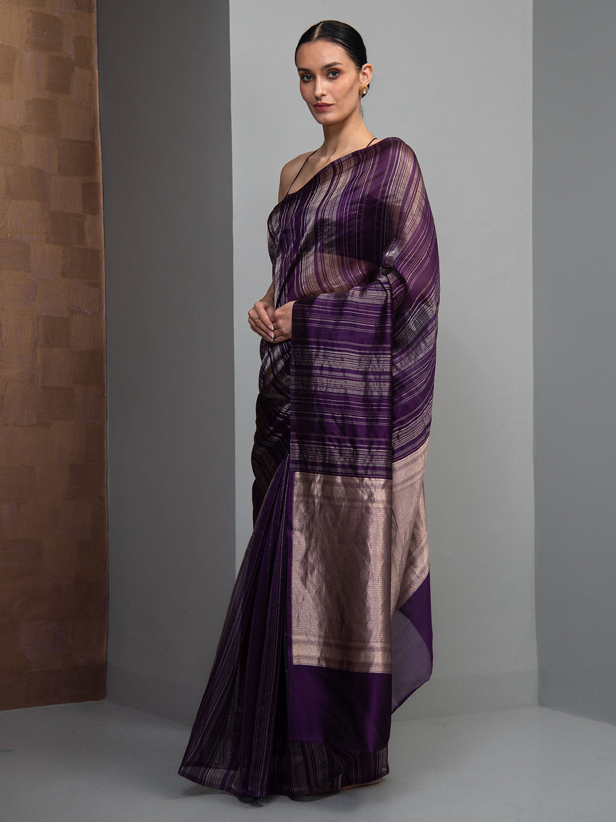 Purple Stripe Silk Handloom Banarasi Saree
