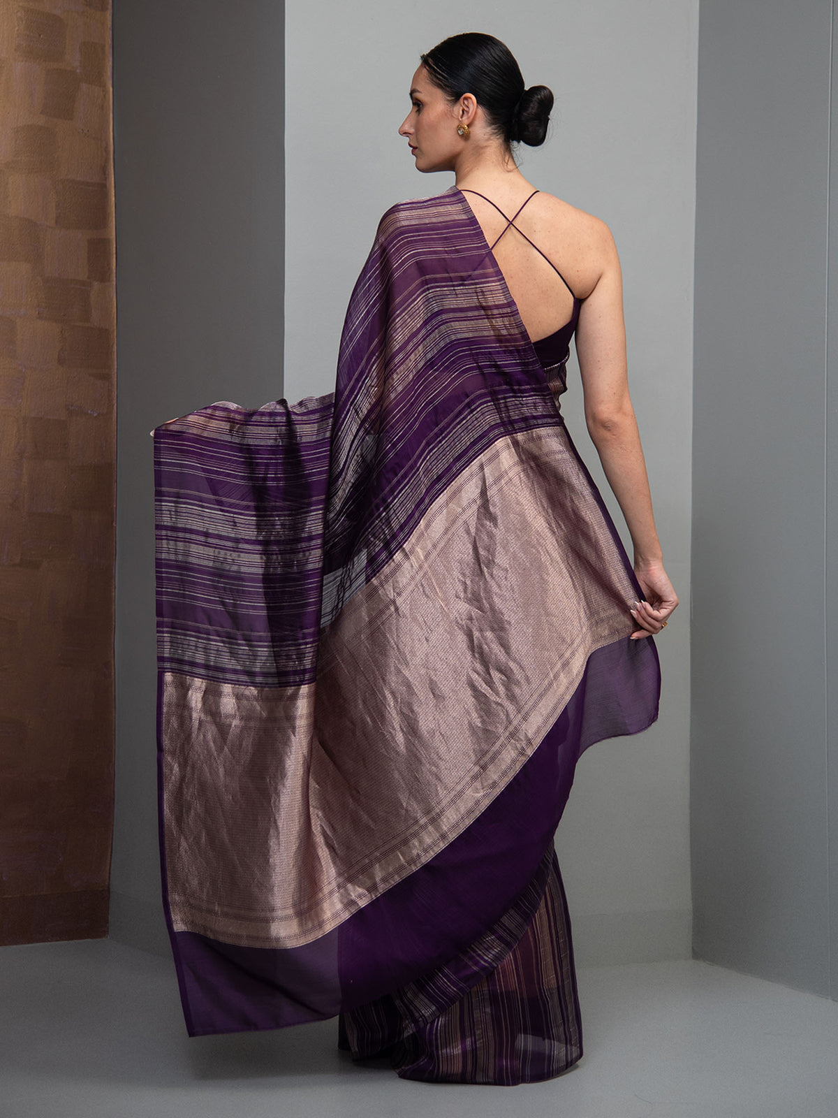 Purple Stripe Silk Handloom Banarasi Saree