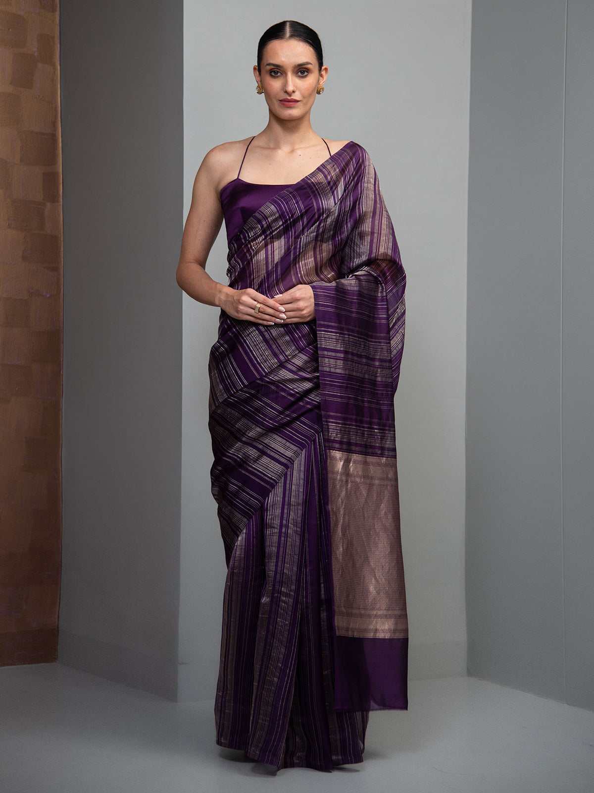 Purple Stripe Silk Handloom Banarasi Saree