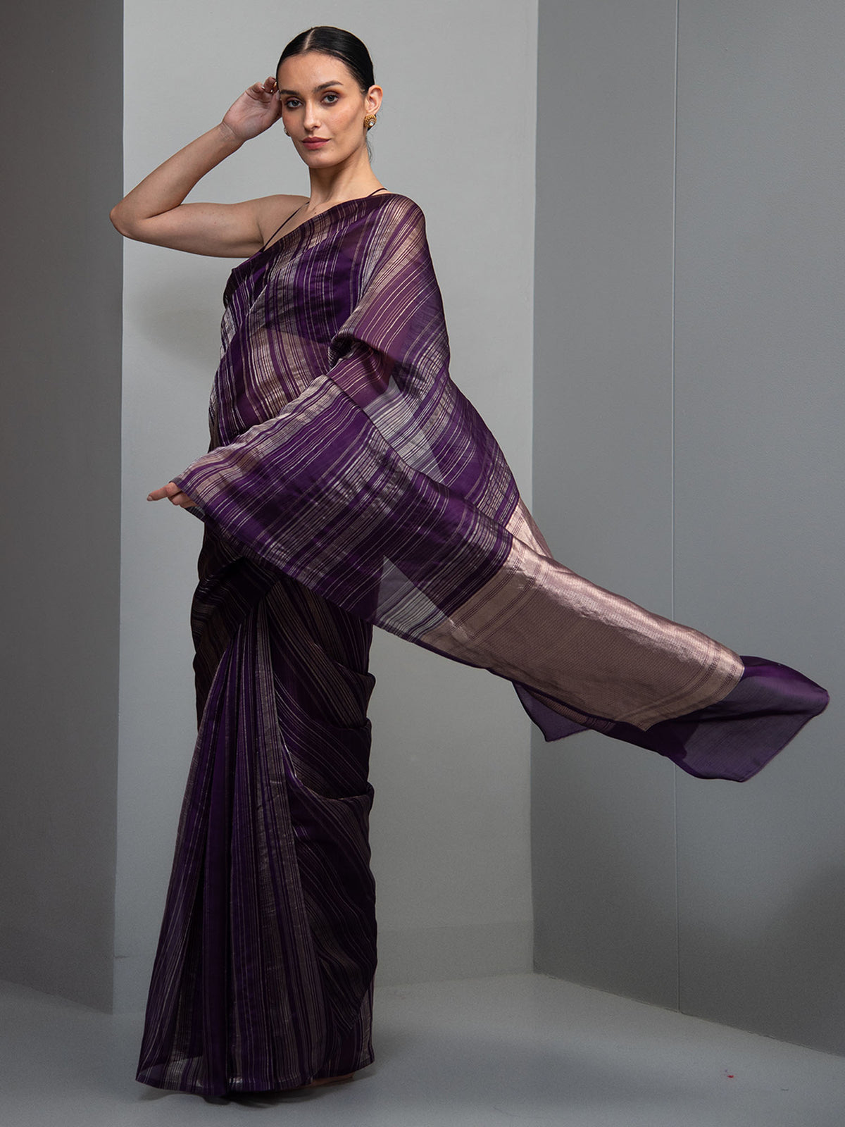 Purple Stripe Silk Handloom Banarasi Saree