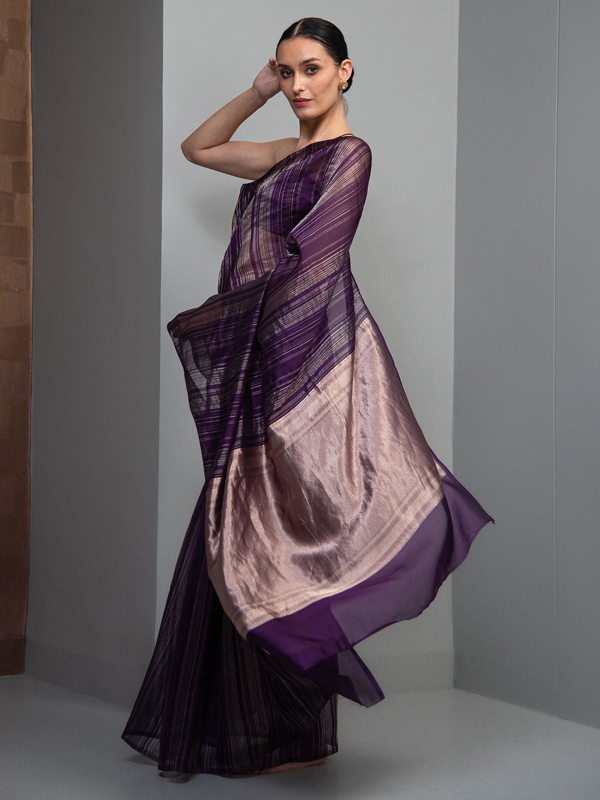 Purple Stripe Silk Handloom Banarasi Saree