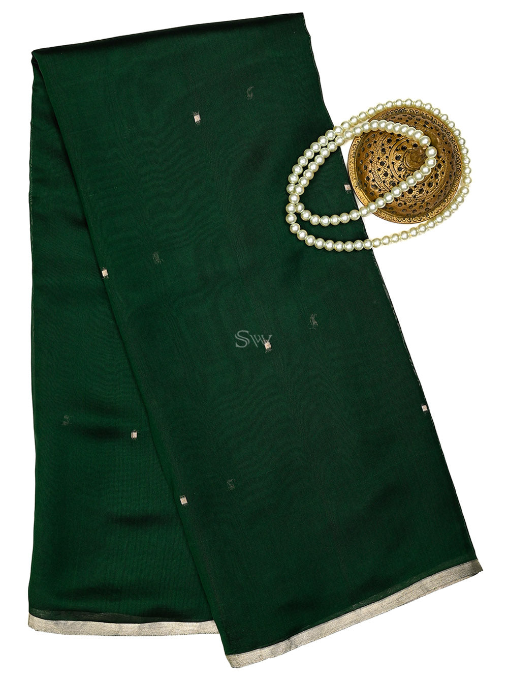 Bottle Green Booti Organza Handloom Banarasi Saree
