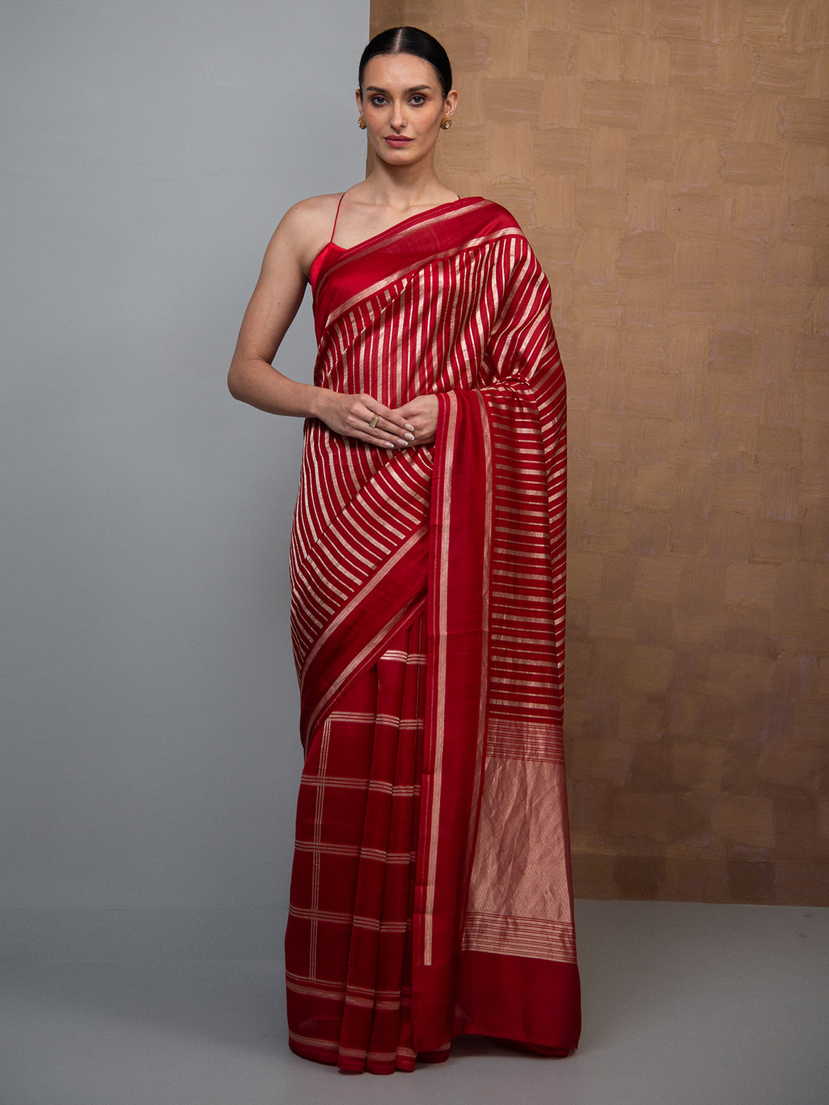 Red Stripe Silk Handloom Banarasi Saree