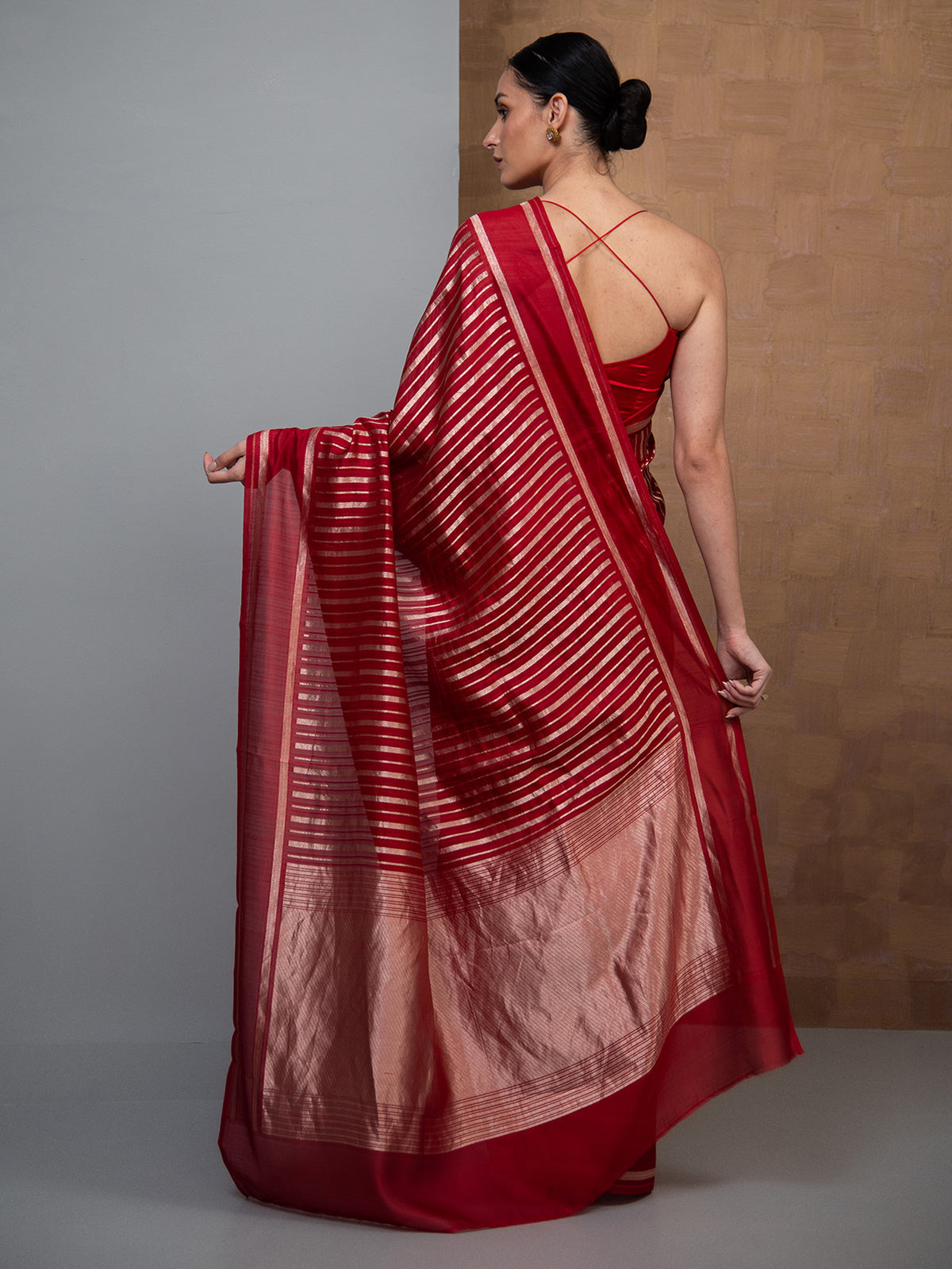 Red Stripe Silk Handloom Banarasi Saree
