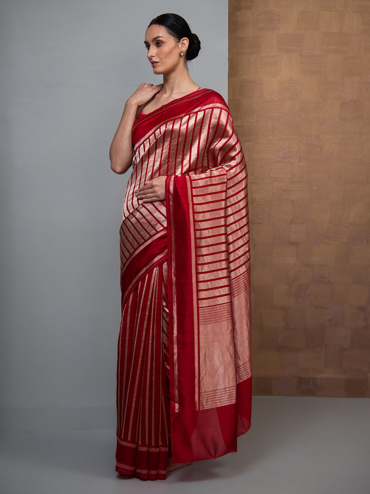 Red Stripe Silk Handloom Banarasi Saree
