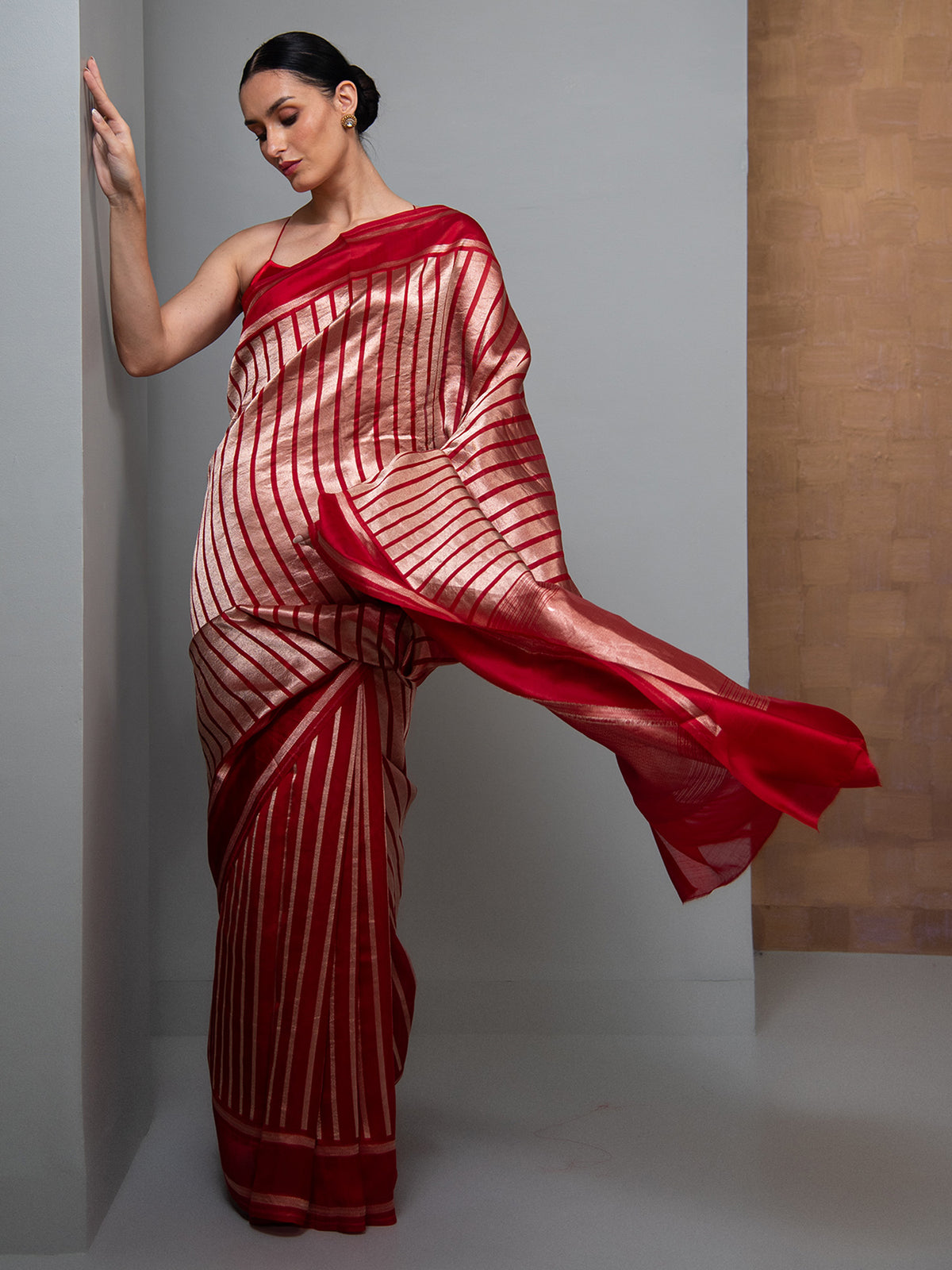 Red Stripe Silk Handloom Banarasi Saree