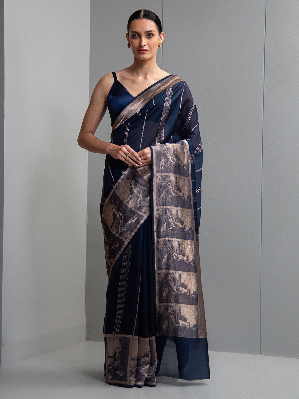 Blue Stripe Silk Handloom Banarasi Saree