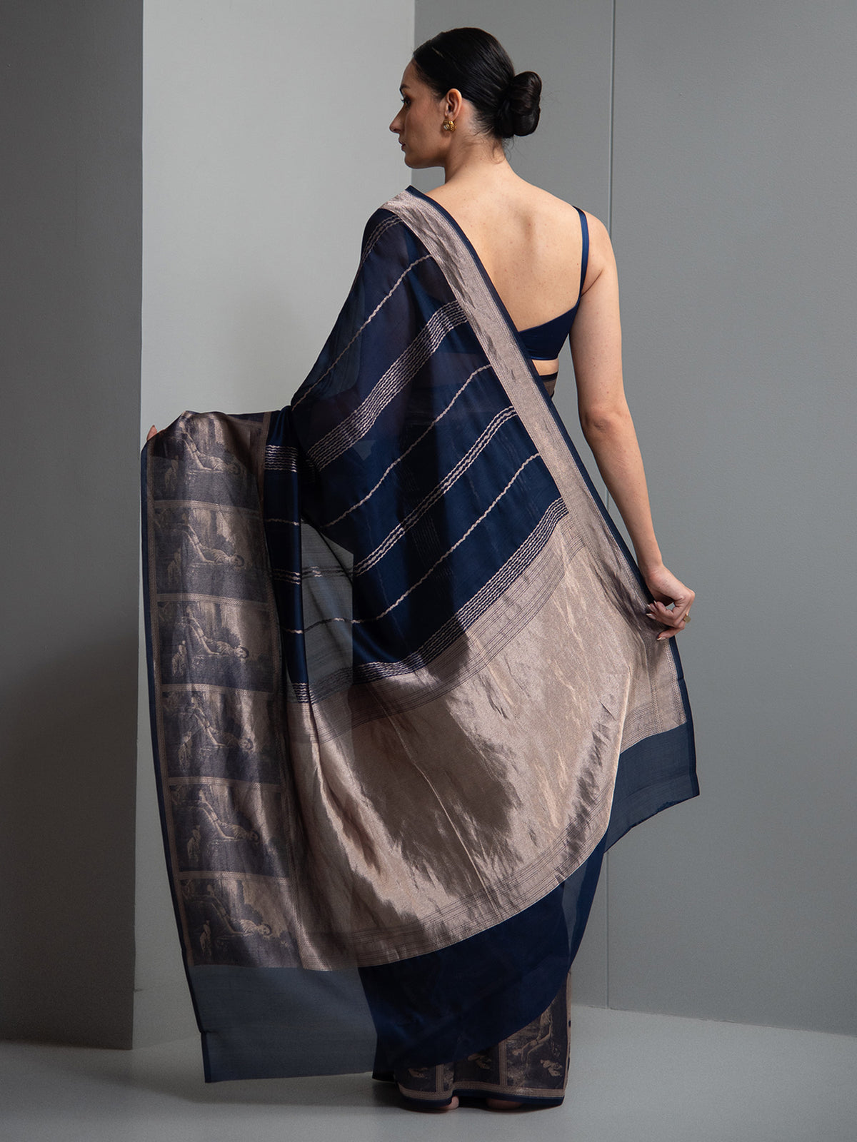Blue Stripe Silk Handloom Banarasi Saree