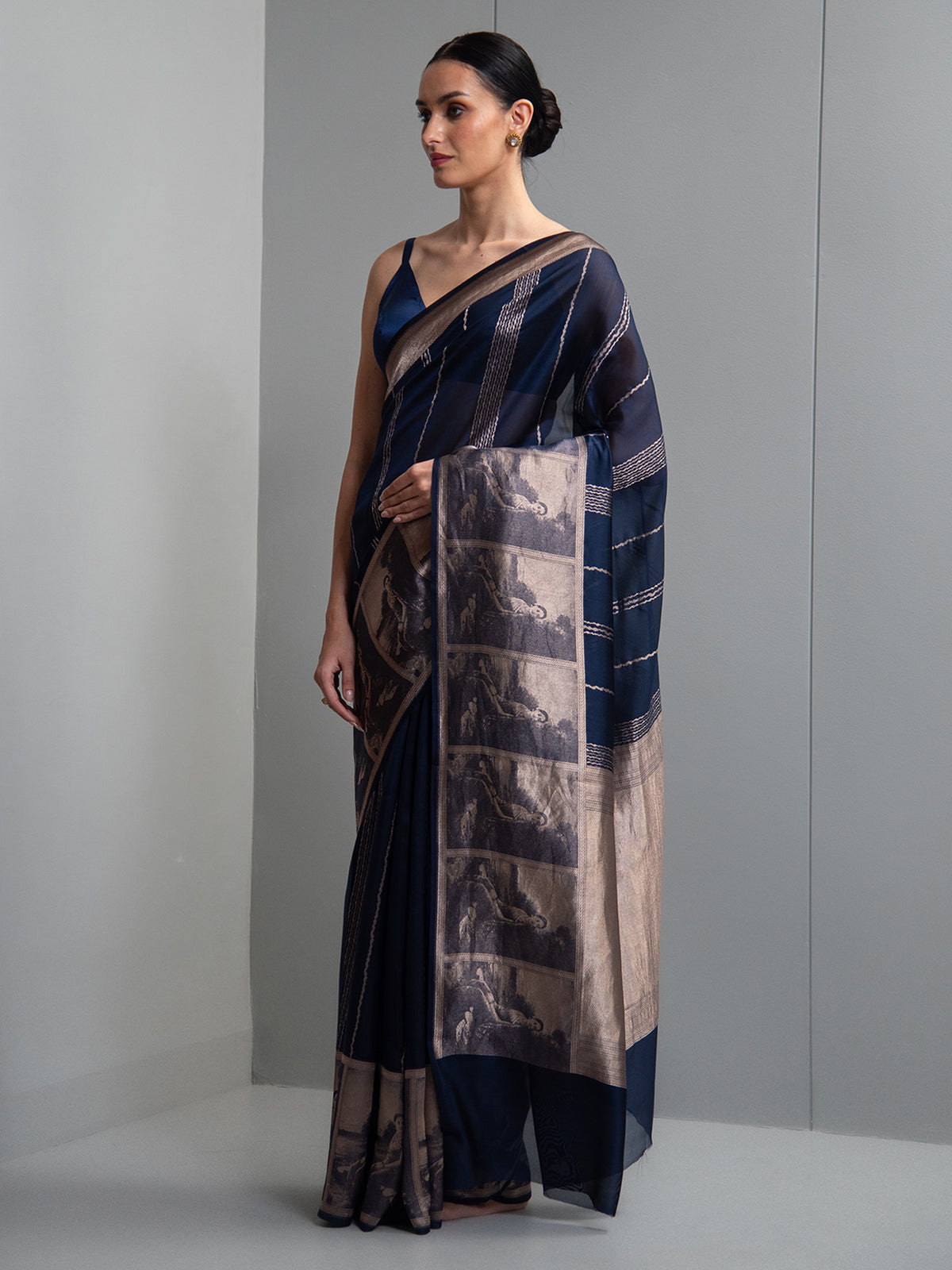 Blue Stripe Silk Handloom Banarasi Saree