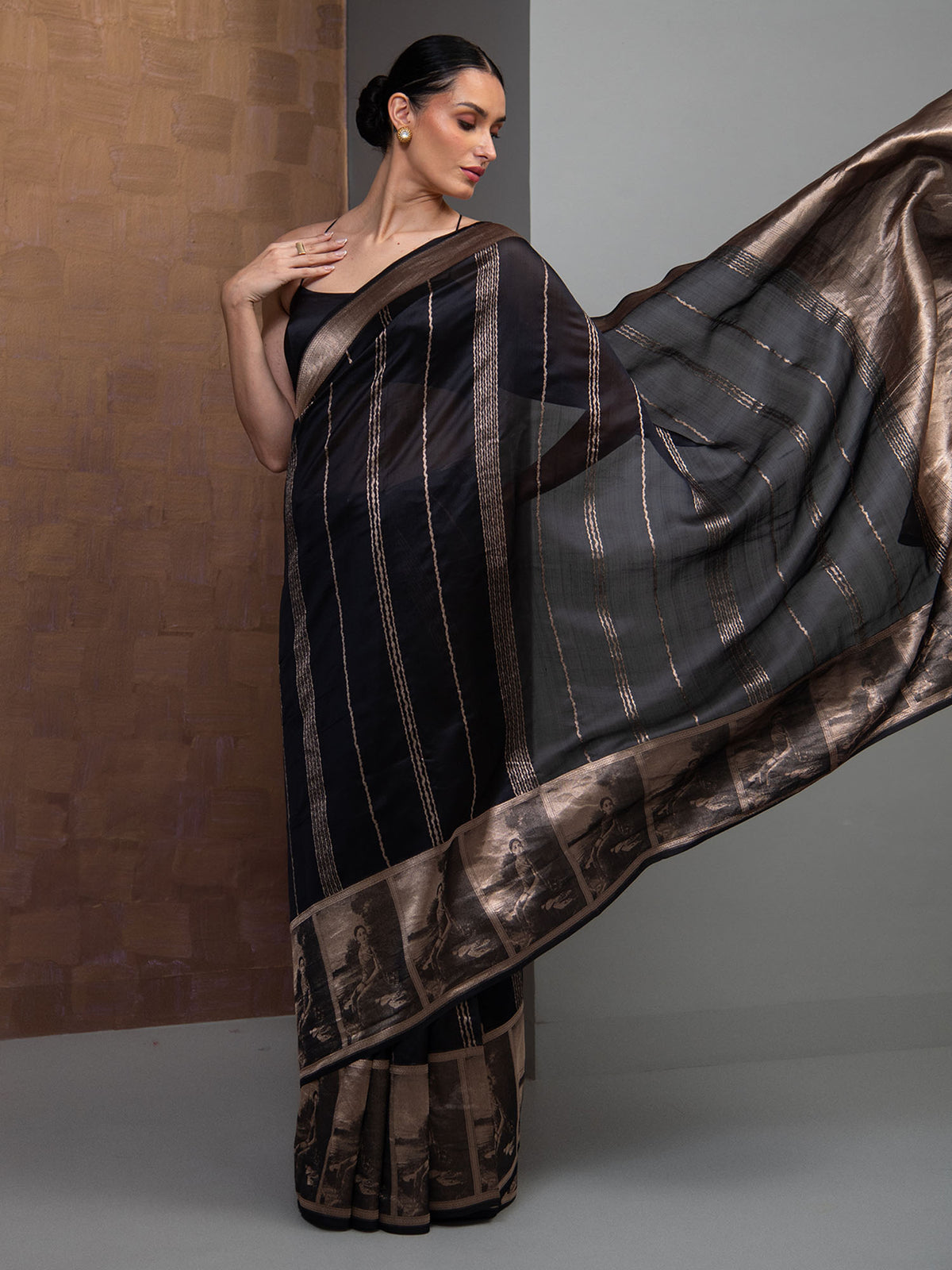 Black Stripe Silk Handloom Banarasi Saree