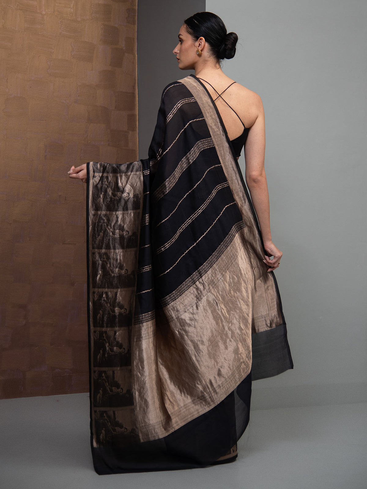 Black Stripe Silk Handloom Banarasi Saree