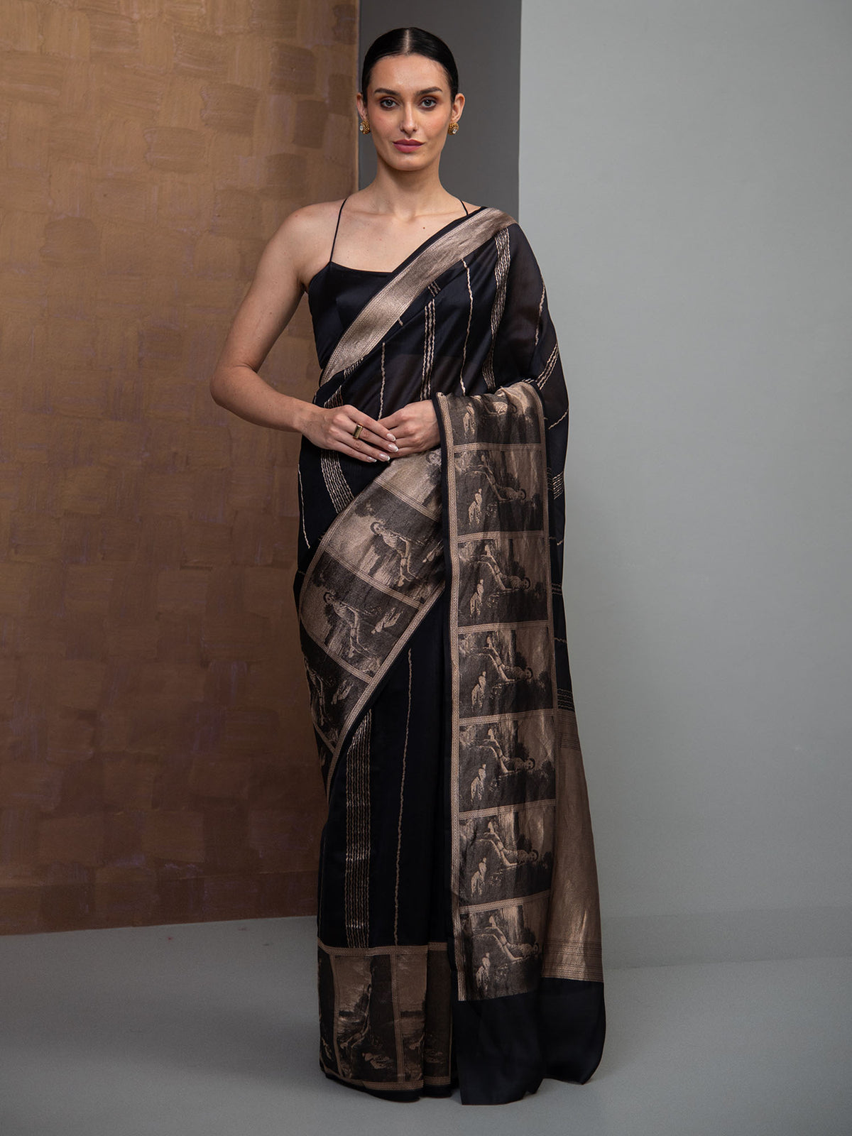 Black Stripe Silk Handloom Banarasi Saree