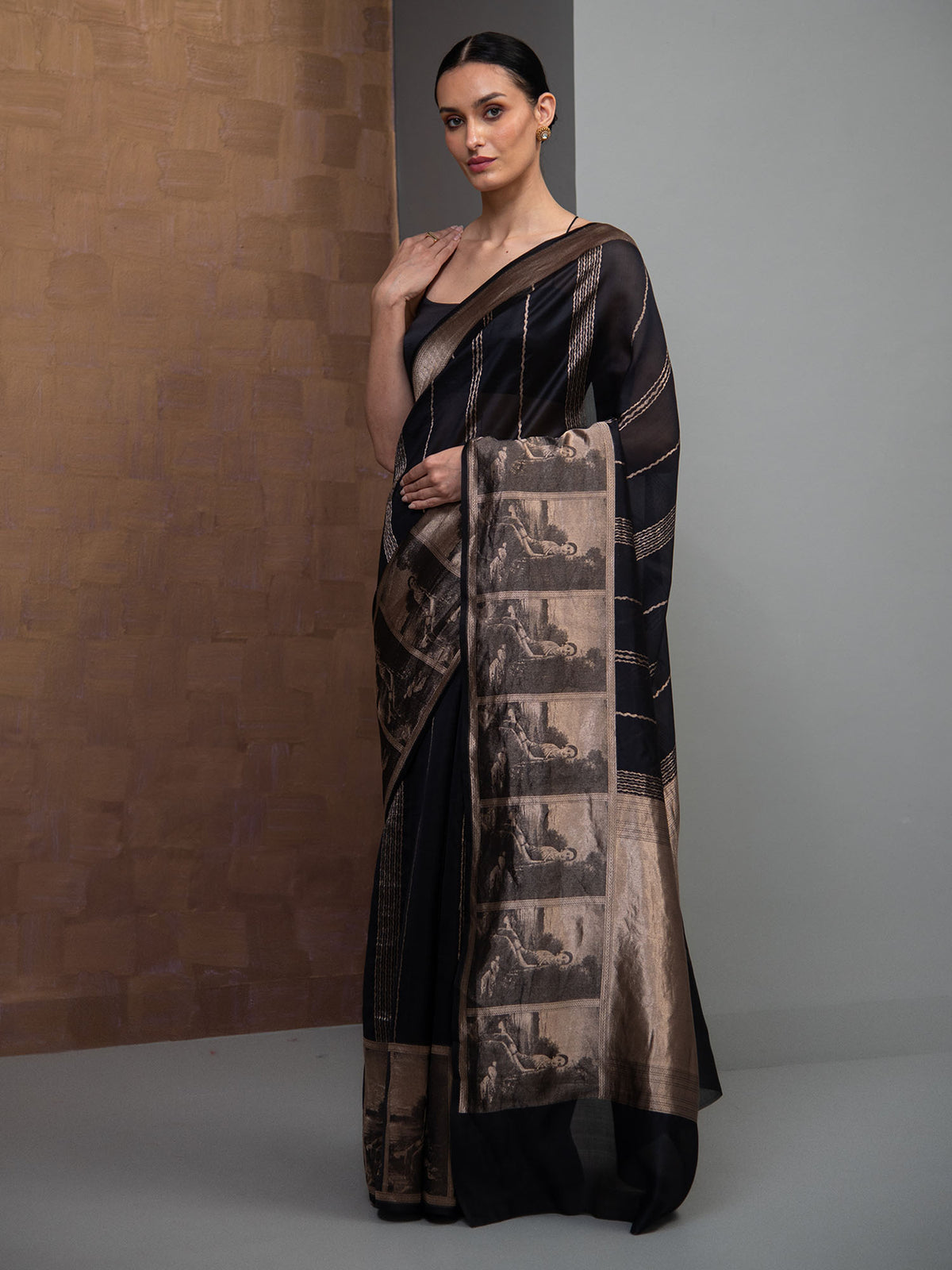 Black Stripe Silk Handloom Banarasi Saree