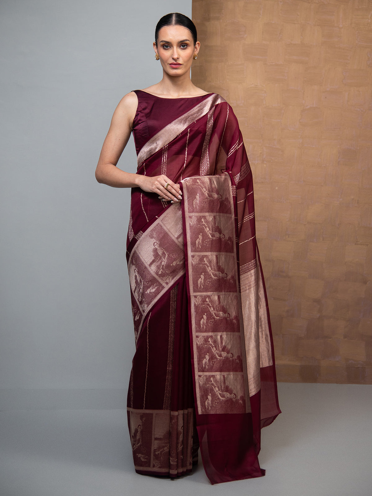 Wine Stripe Silk Handloom Banarasi Saree
