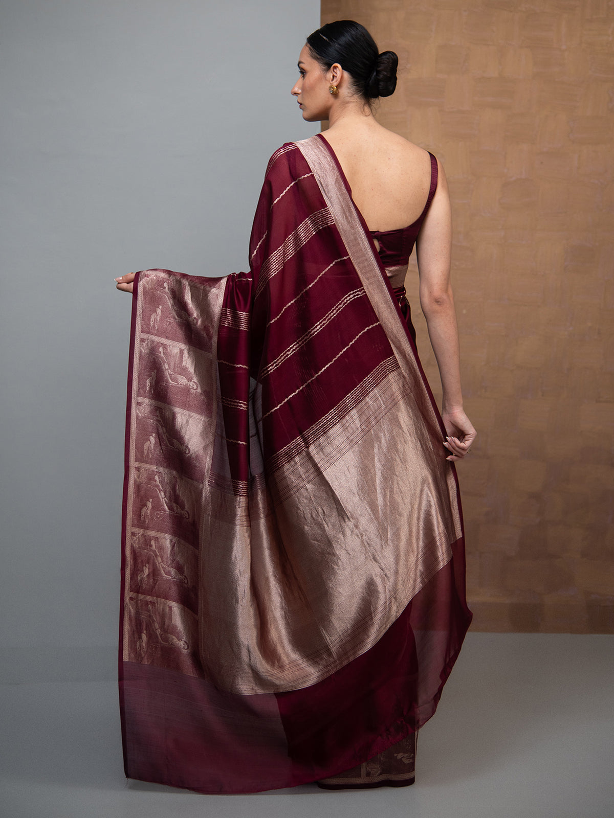 Wine Stripe Silk Handloom Banarasi Saree