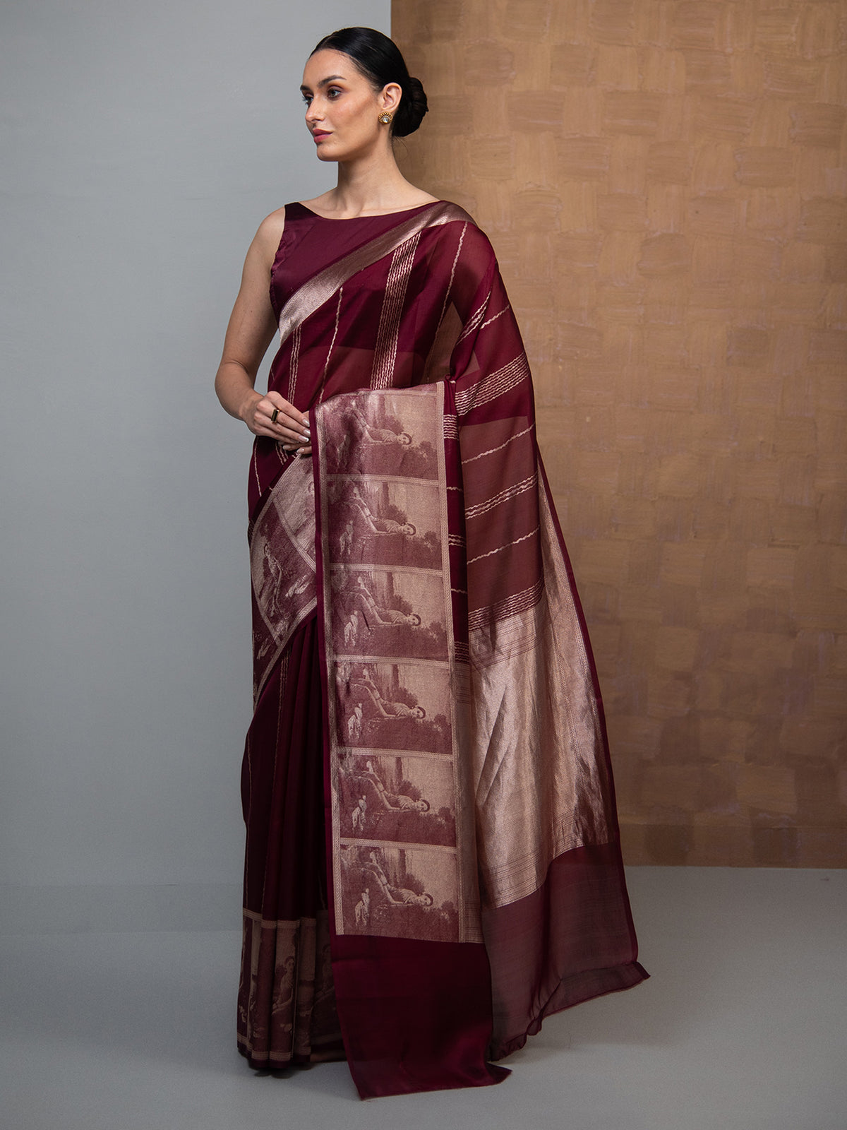 Wine Stripe Silk Handloom Banarasi Saree