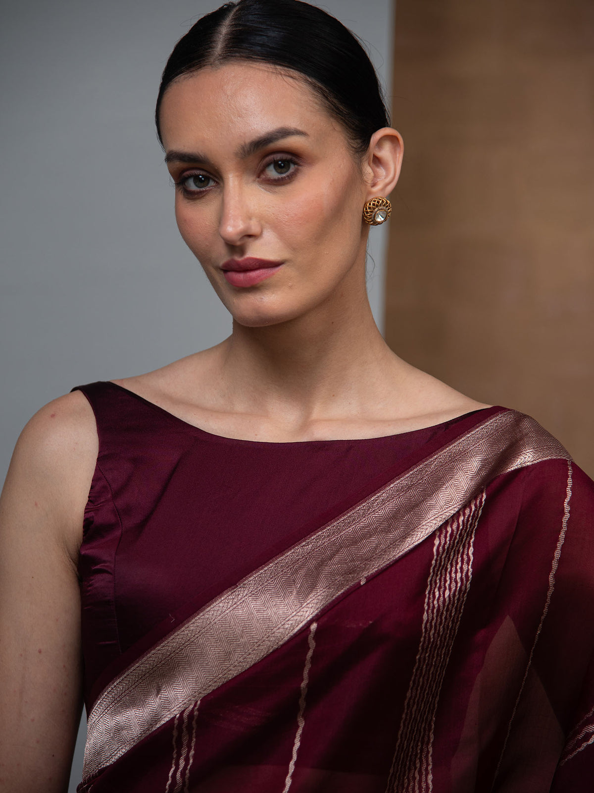 Wine Stripe Silk Handloom Banarasi Saree