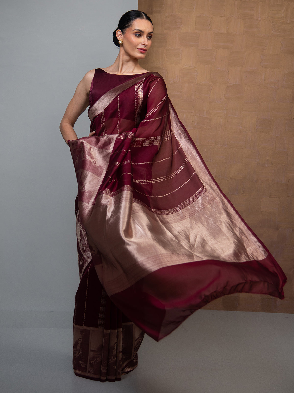 Wine Stripe Silk Handloom Banarasi Saree
