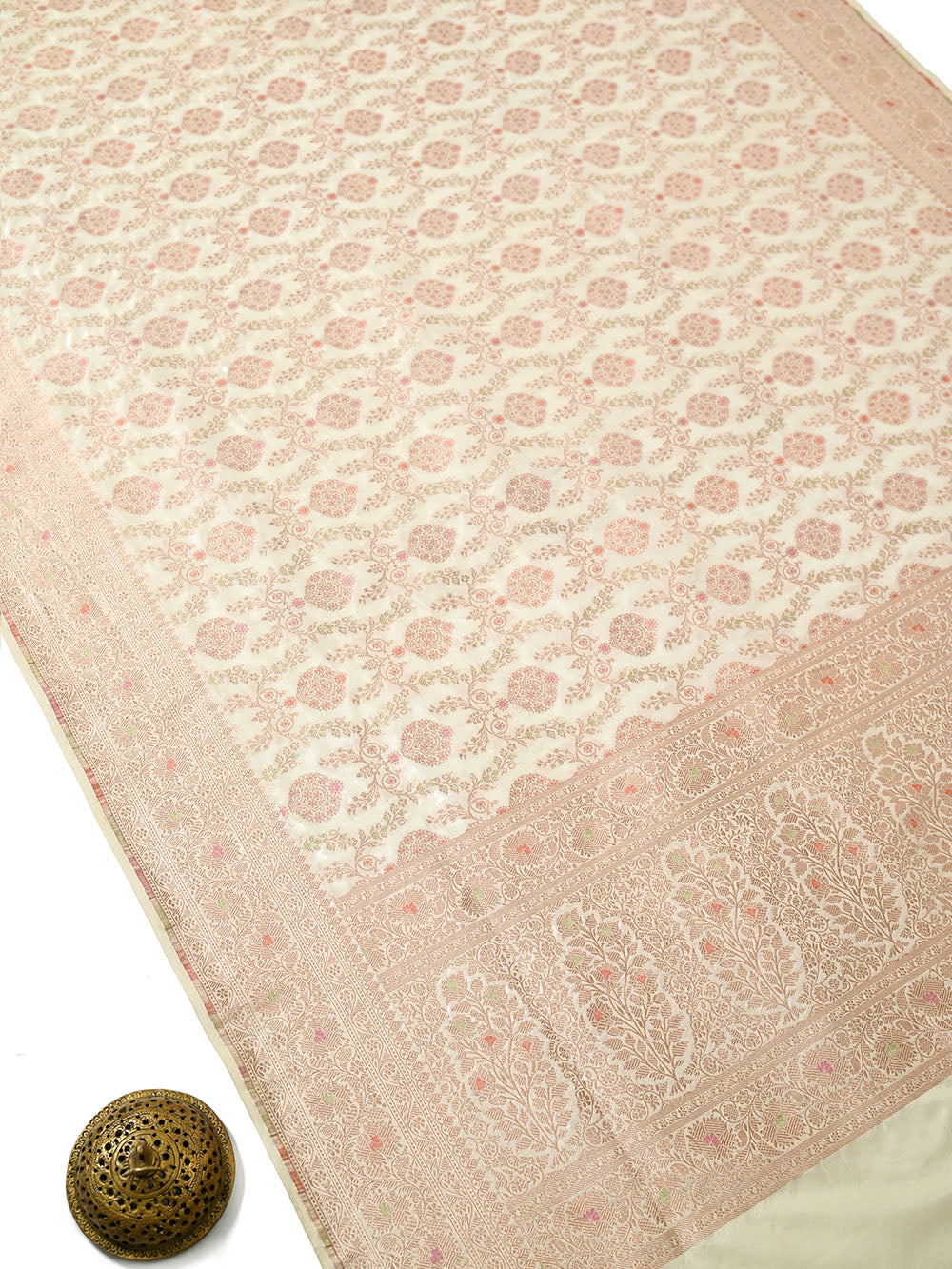 Cream Meenakari Jaal Uppada Katan Silk Handloom Banarasi Saree - Sacred Weaves