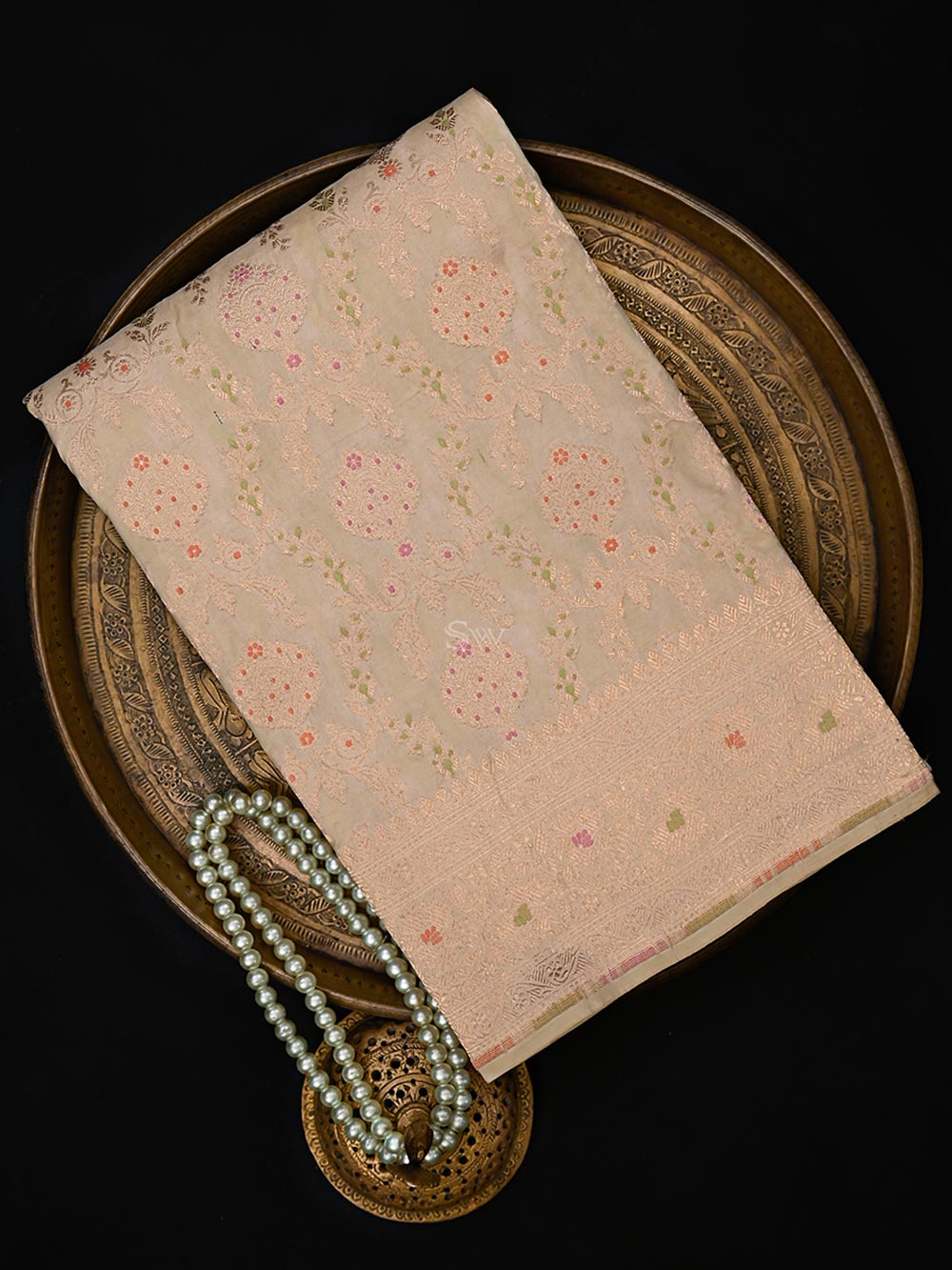 Cream Meenakari Jaal Uppada Katan Silk Handloom Banarasi Saree