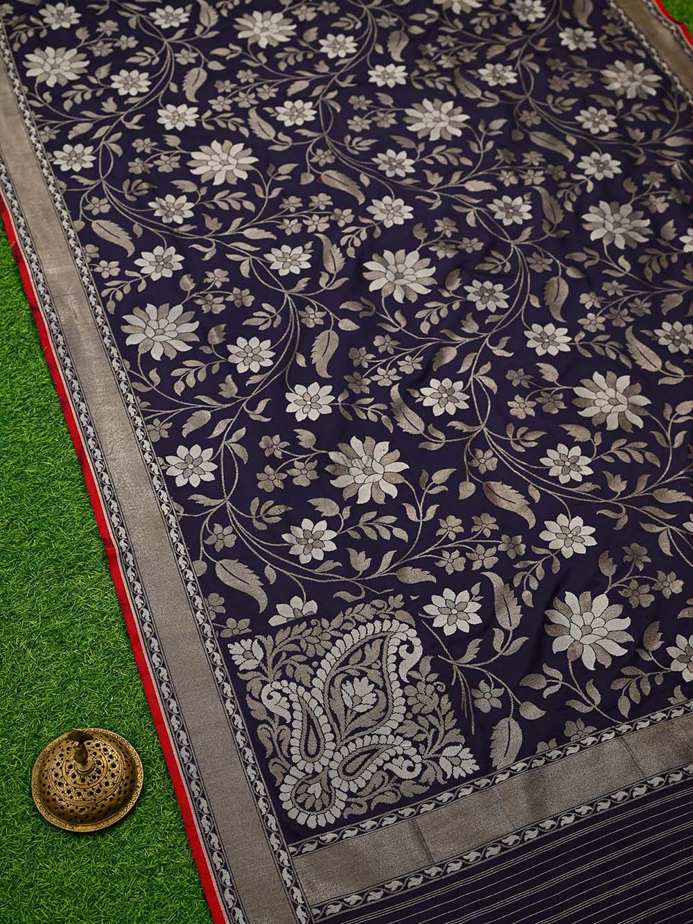 Navy Blue Sona Roopa Konia Jaal Katan Silk Handloom Banarasi Saree