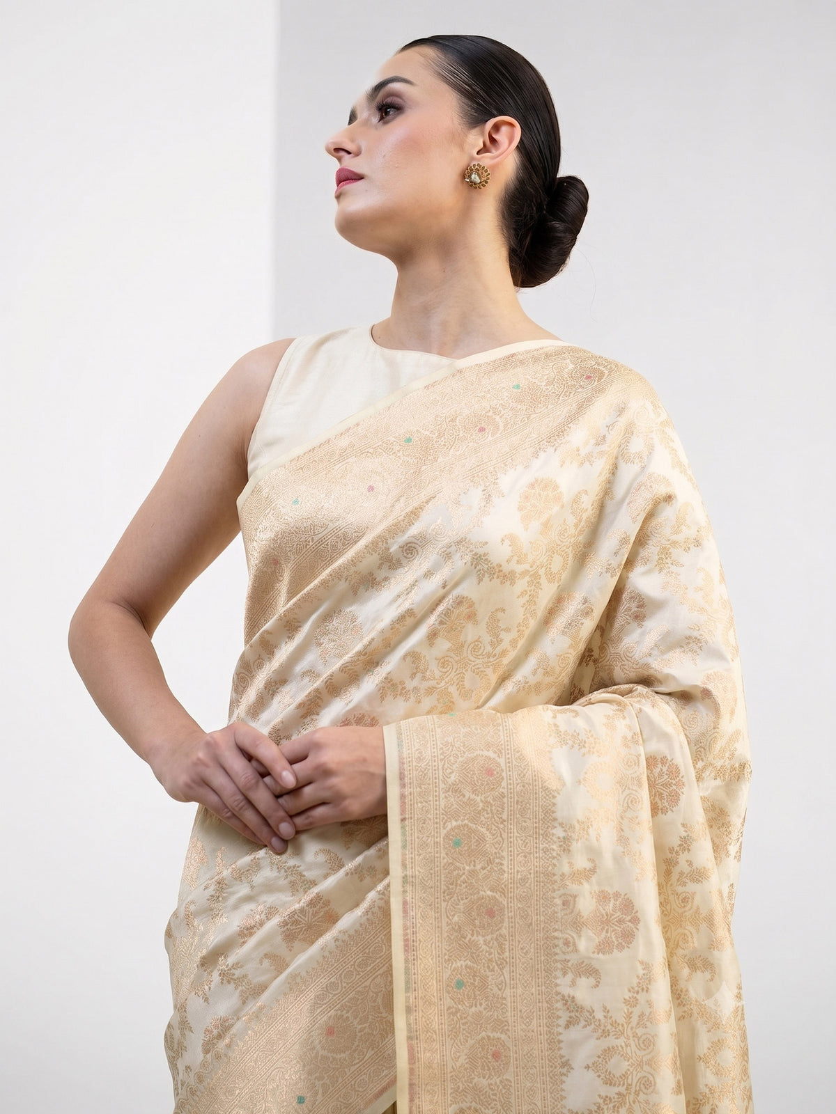 Cream Meenakari Jaal Uppada Katan Silk Handloom Banarasi Saree - Sacred Weaves