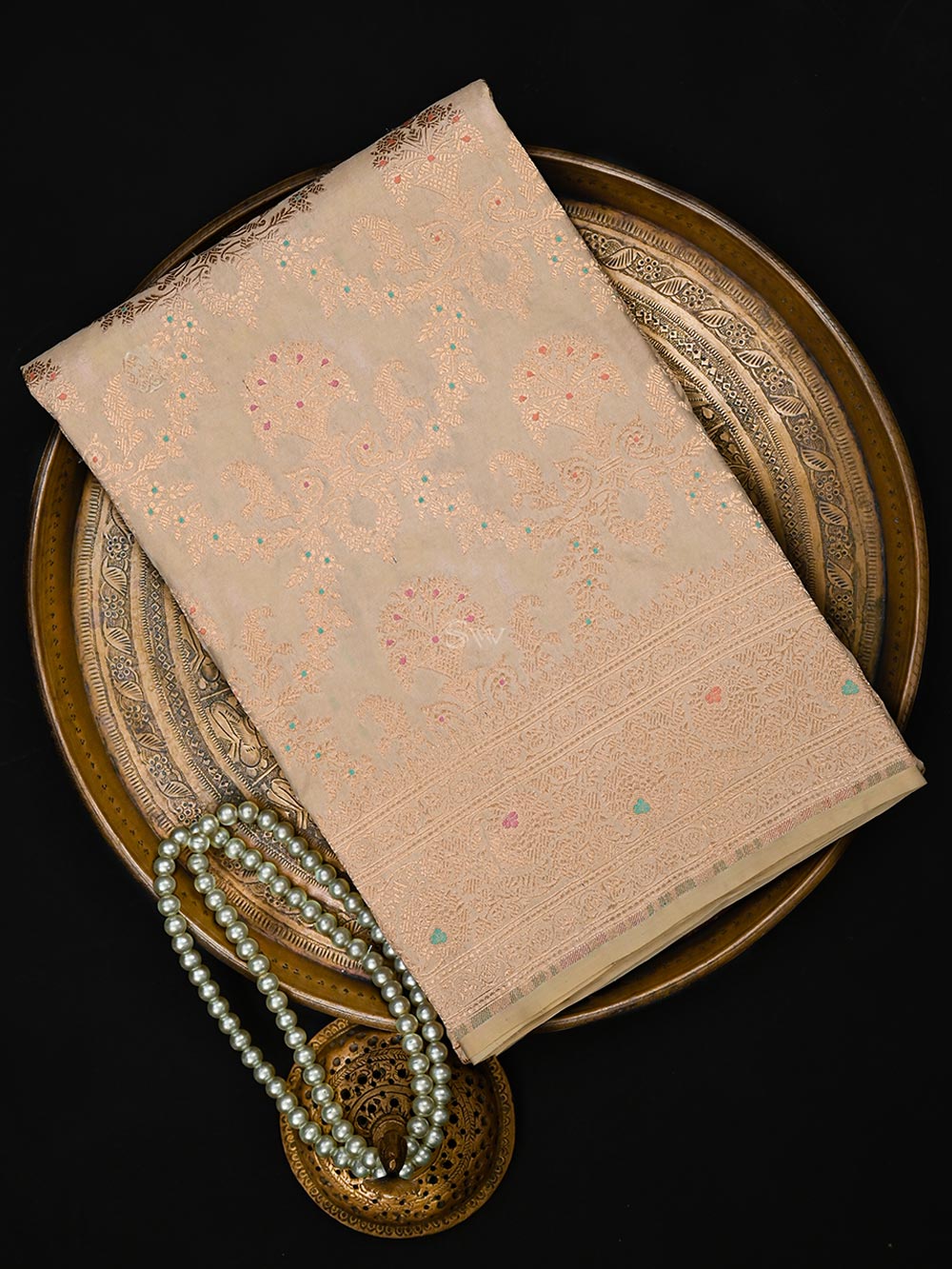 Cream Meenakari Jaal Uppada Katan Silk Handloom Banarasi Saree