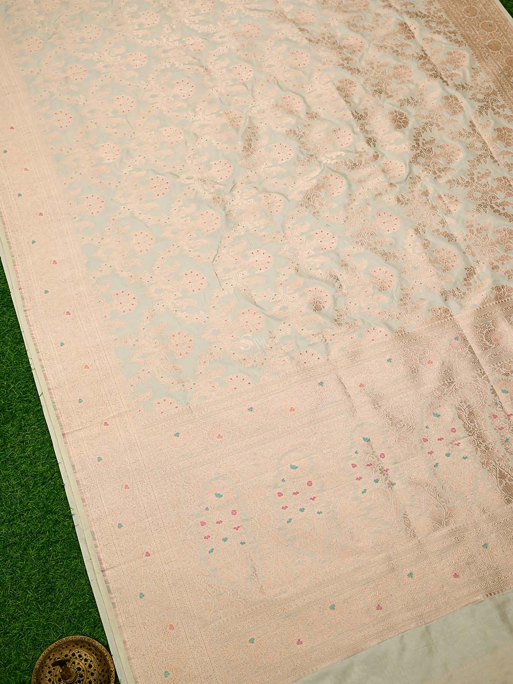 Cream Meenakari Jaal Uppada Katan Silk Handloom Banarasi Saree
