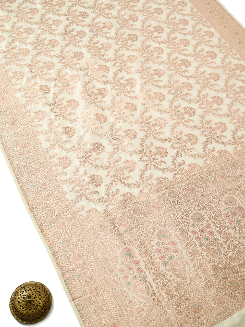 Cream Meenakari Jaal Uppada Katan Silk Handloom Banarasi Saree