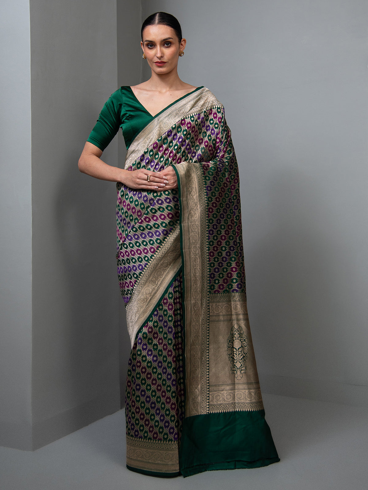 Bottle Green Rangkat Katan Silk Handloom Banarasi Saree