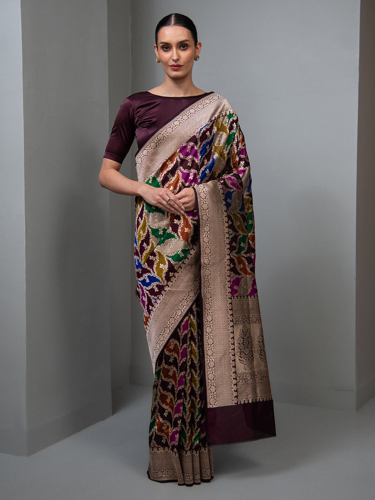 Wine Rangkat Katan Silk Handloom Banarasi Saree