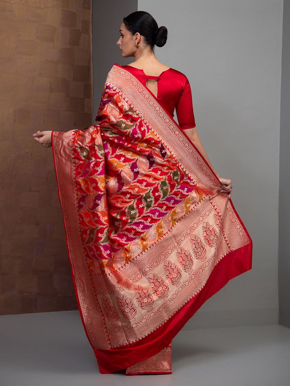 Red Orange Rangkat Katan Silk Handloom Banarasi Saree