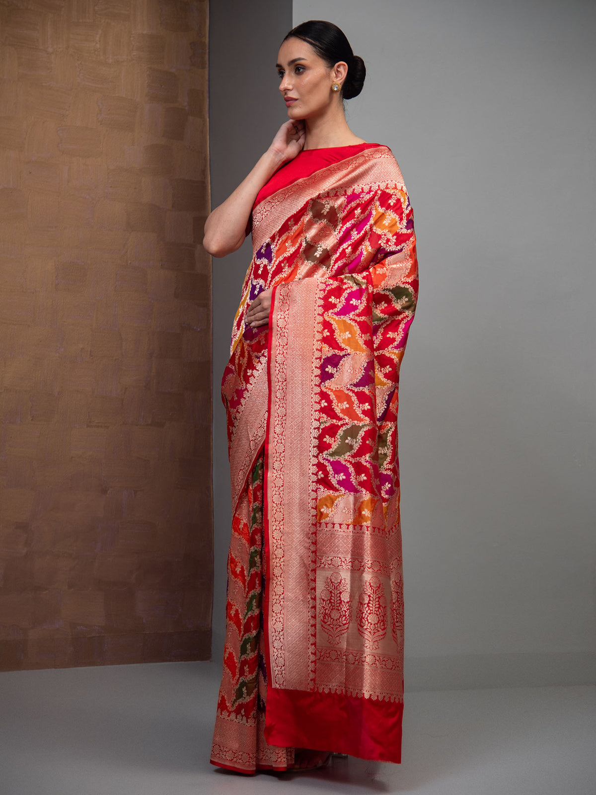 Red Orange Rangkat Katan Silk Handloom Banarasi Saree