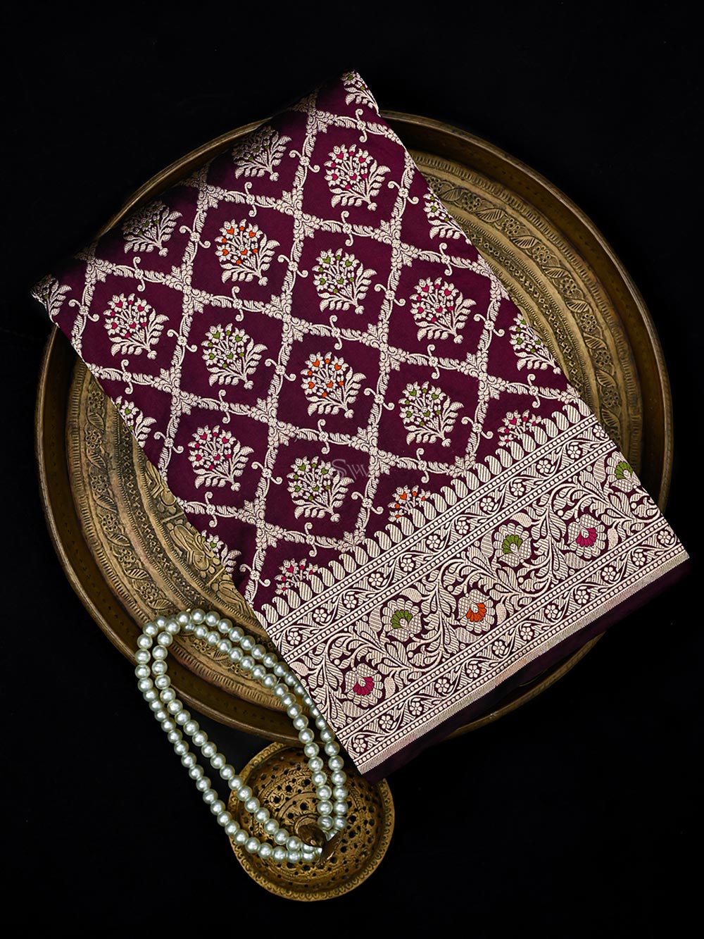 Wine Meenakari Jaal Uppada Katan Silk Handloom Banarasi Saree