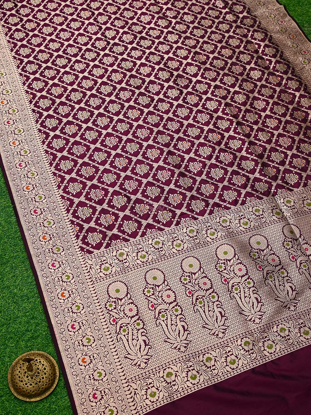 Wine Meenakari Jaal Uppada Katan Silk Handloom Banarasi Saree
