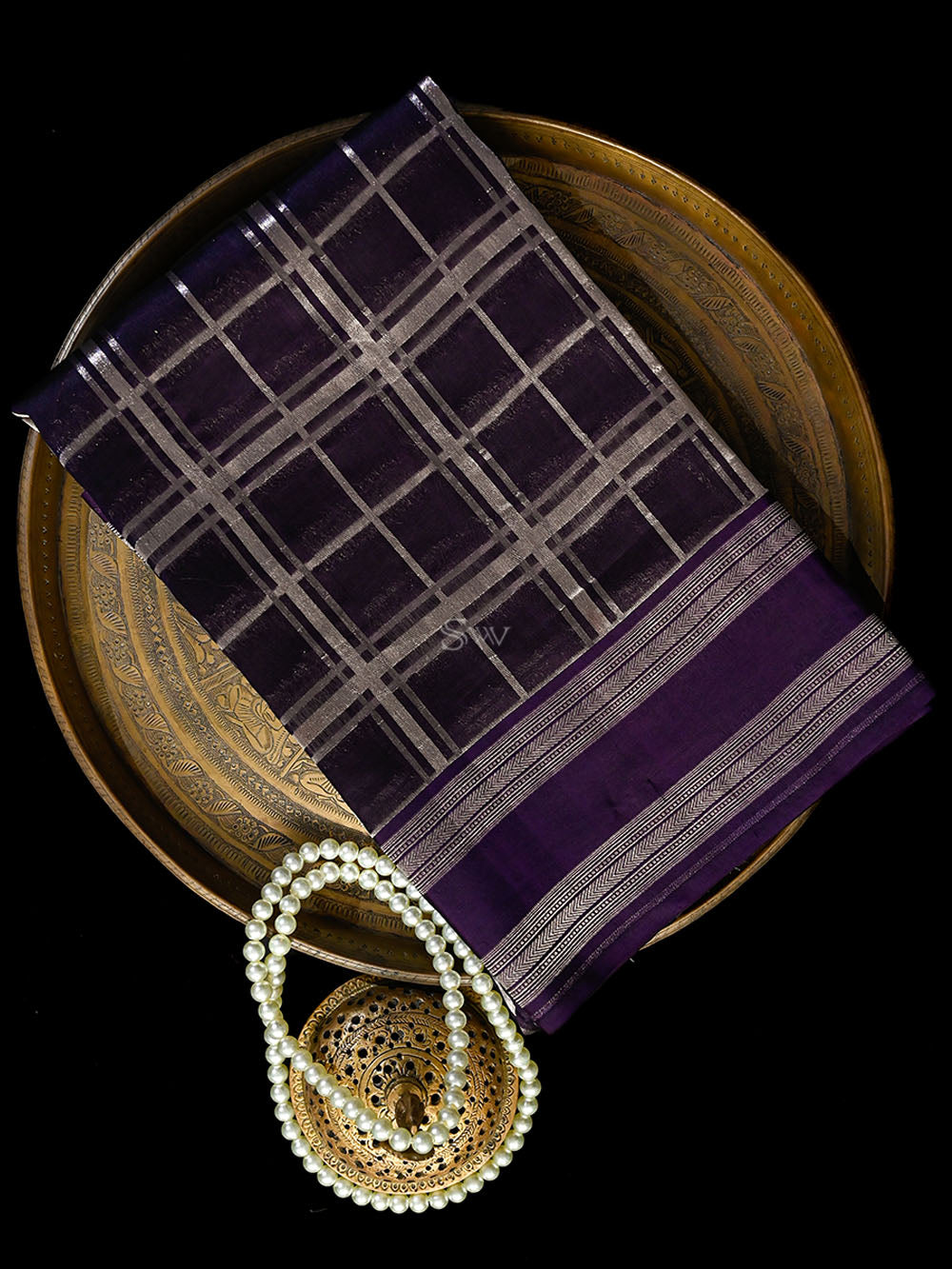 Purple Check Silk Handloom Banarasi Saree