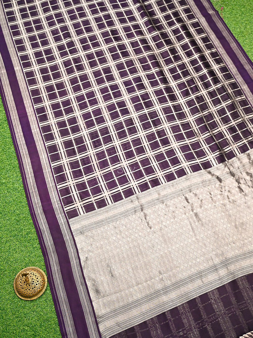 Purple Check Silk Handloom Banarasi Saree