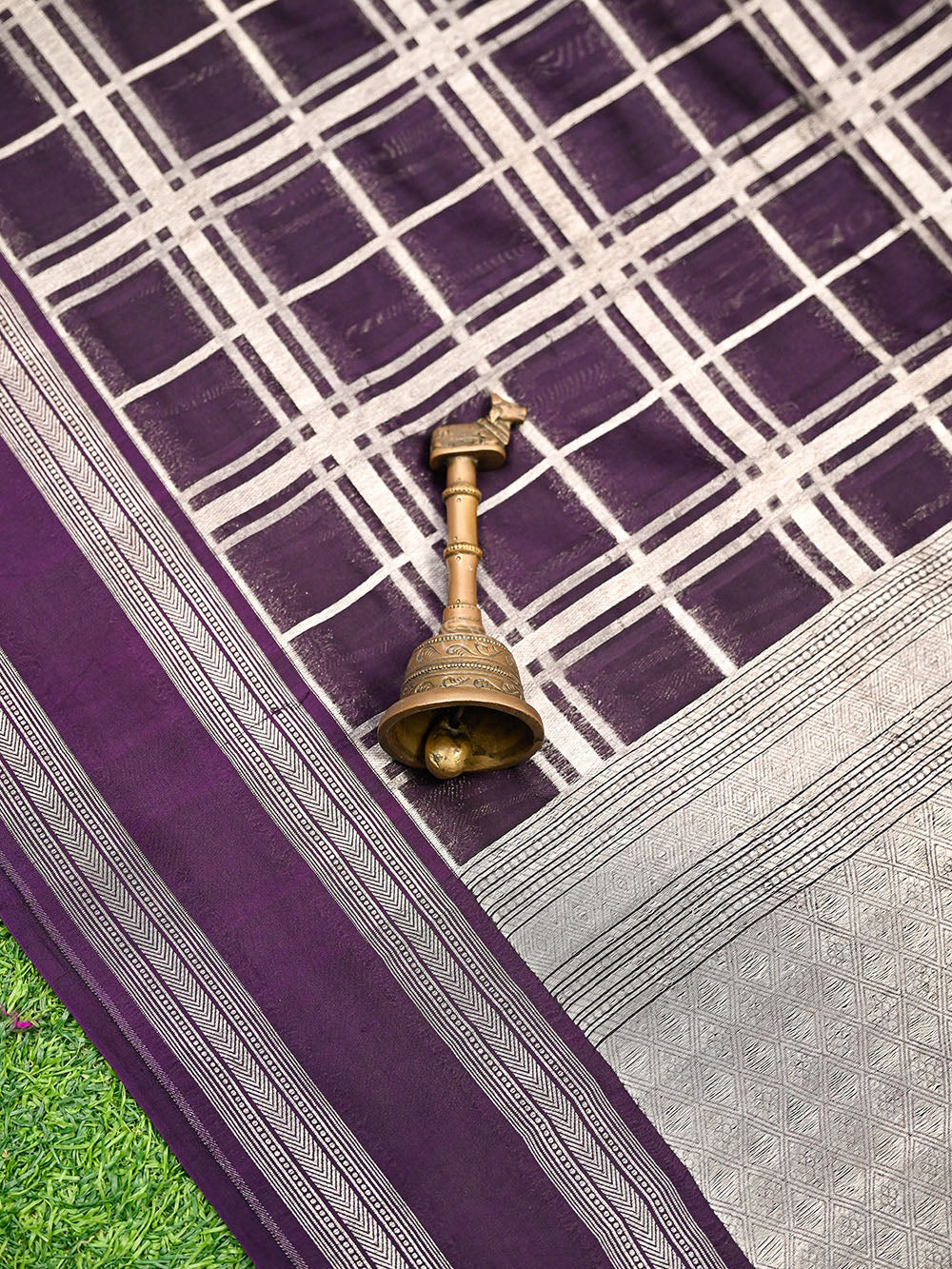 Purple Check Silk Handloom Banarasi Saree