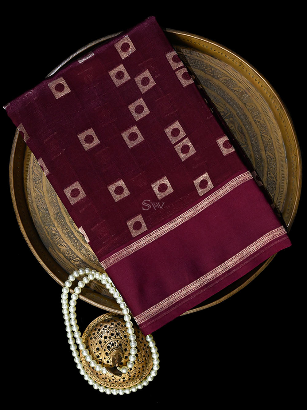 Wine Check Silk Handloom Banarasi Saree