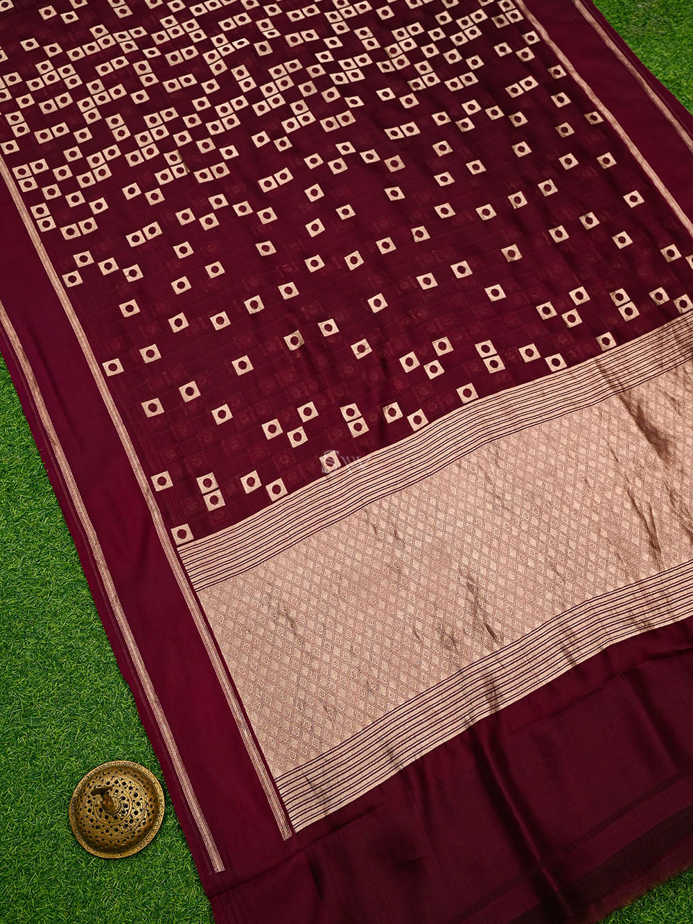 Wine Check Silk Handloom Banarasi Saree