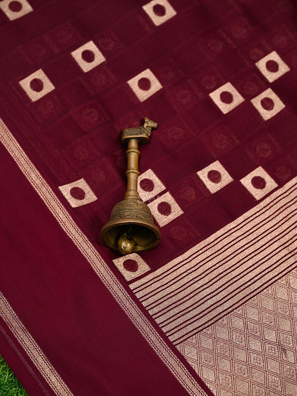 Wine Check Silk Handloom Banarasi Saree